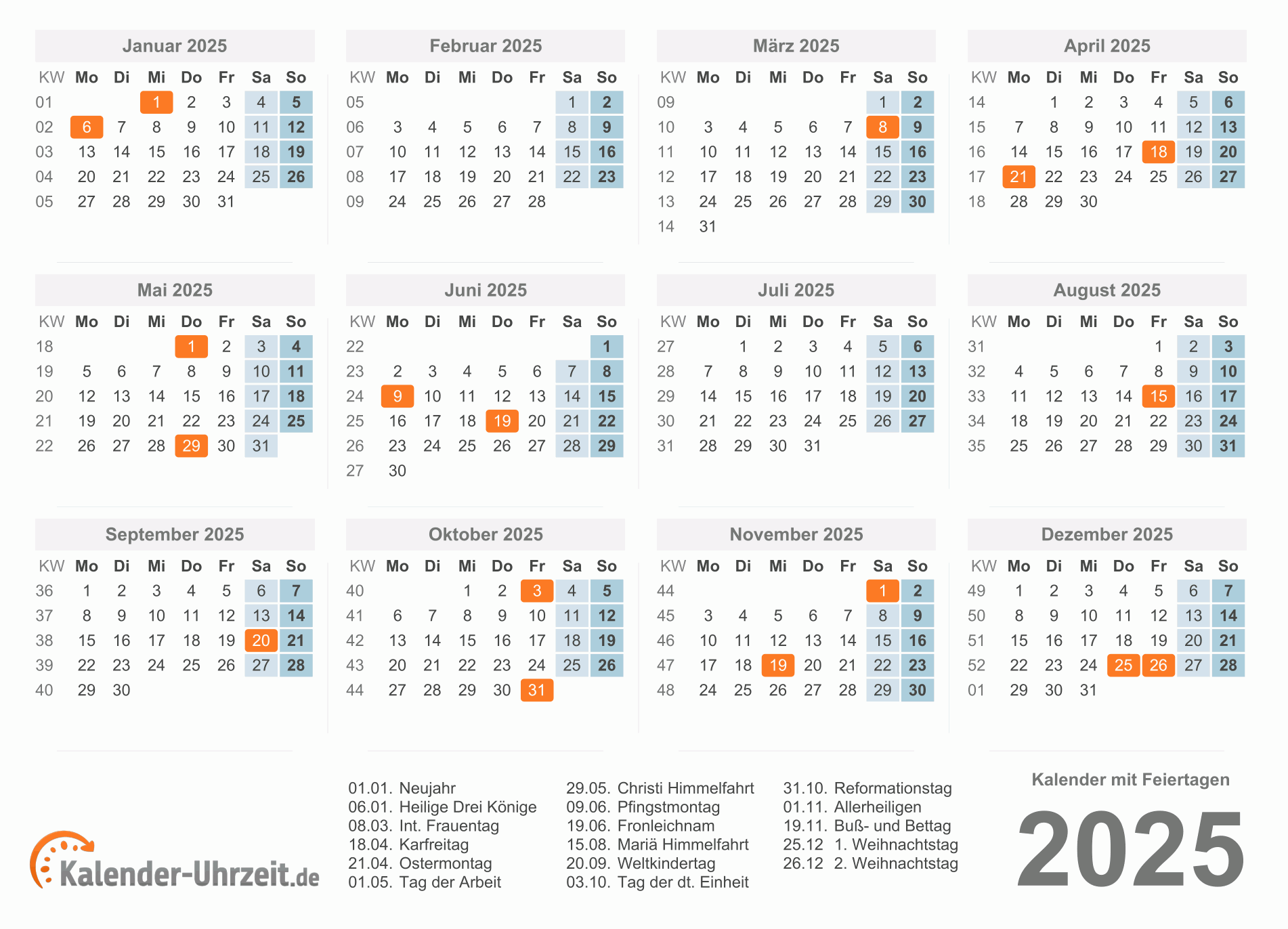 Kalender 2025 Mit Feiertagen